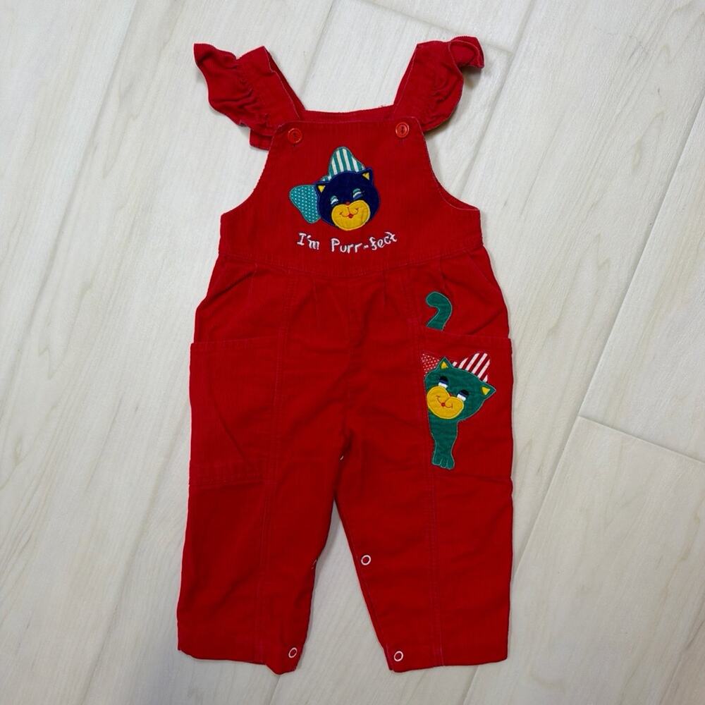 Vtg Baby Togs Red Corduroy Ruffle Cat Overalls 80s 90s Size 18 Months